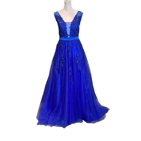 Women’s Blue Full Length Prom Party Dress with Small Train & Corset Back Size 6 - Picture 1 of 12